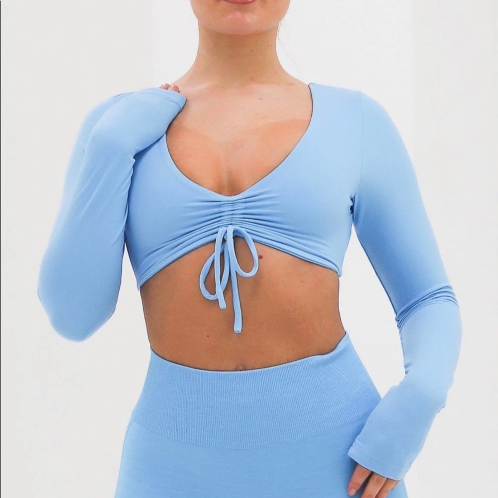 Lazuli the label ruched long sleeve open back top sky blue NWT